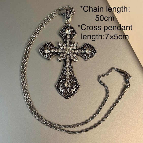 Victorian Goth Silver Statement Cross Necklace Big Large Crystals Brand New - Picture 9 of 16